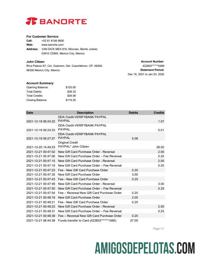 Mexico Banorte Bank Statement Xls amostra